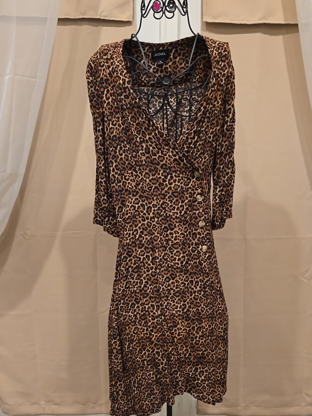 Monkl Leopard-Print Wrap Midi Dress in Brown and Black Size 12 Womans
